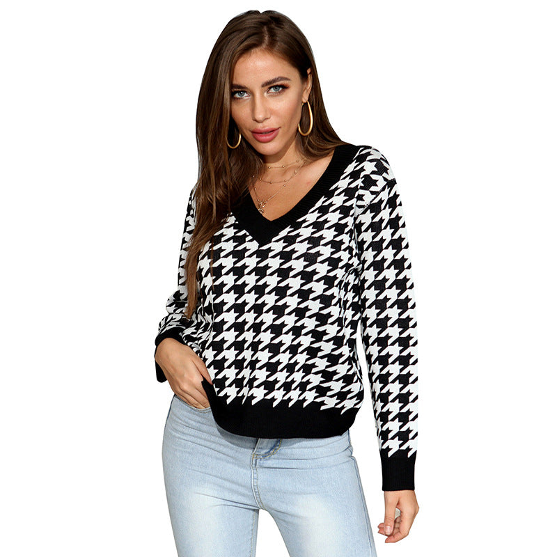 Long Sleeve Houndstooth Jacquard V-neck Bottoming Knitted Sweater Women