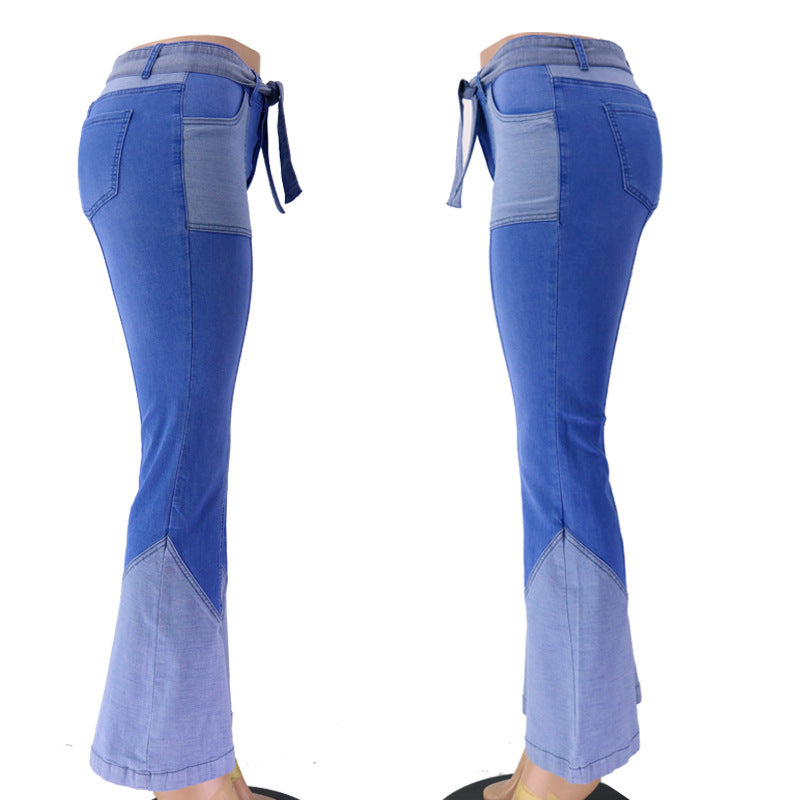 70's Retro High Waist Two-Color Stitching Belt Denim Bell-Bottom Pants