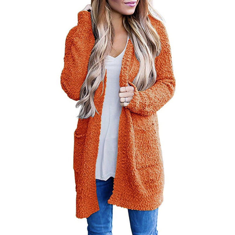 2022 Autumn and Winter New Knitwear Amazon Hot Solid Color Fleece Double Pocket Cardigan Sweater