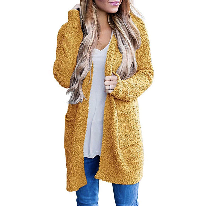 2022 Autumn and Winter New Knitwear Amazon Hot Solid Color Fleece Double Pocket Cardigan Sweater