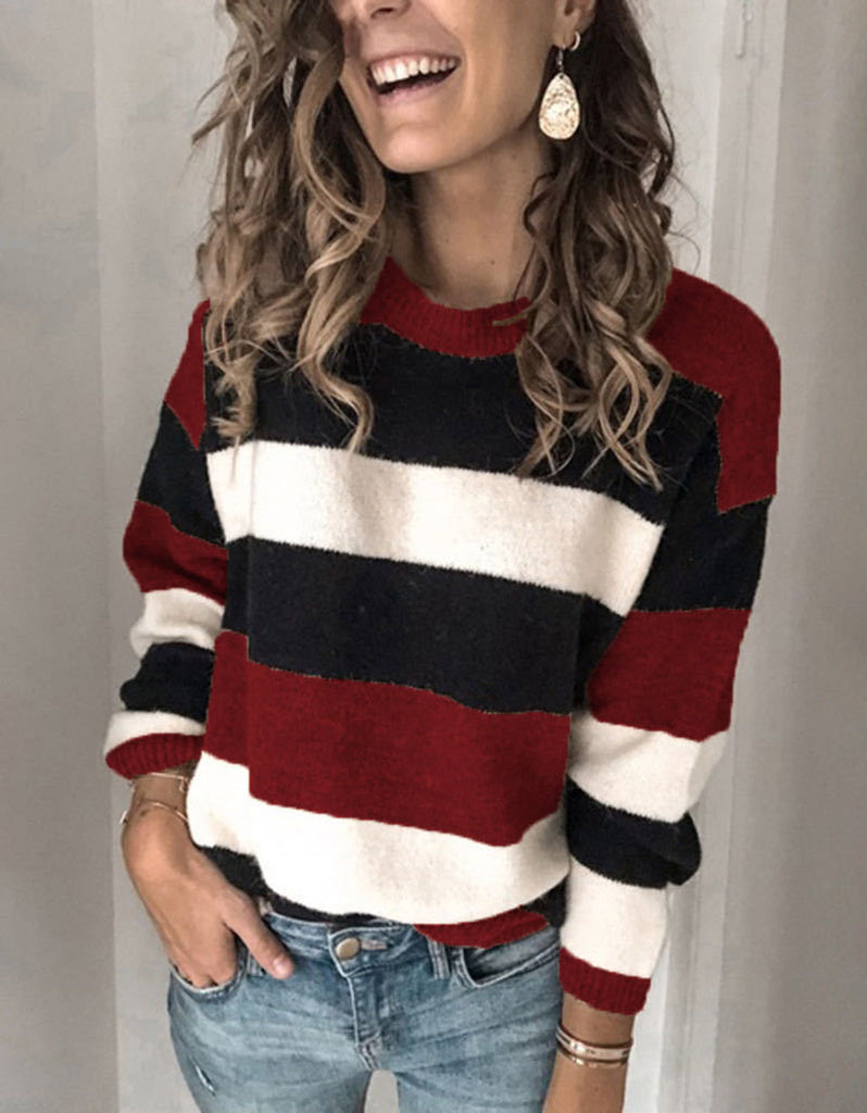 Women's Sweater round Neck Pullover Stripe Knitted Sweater Women