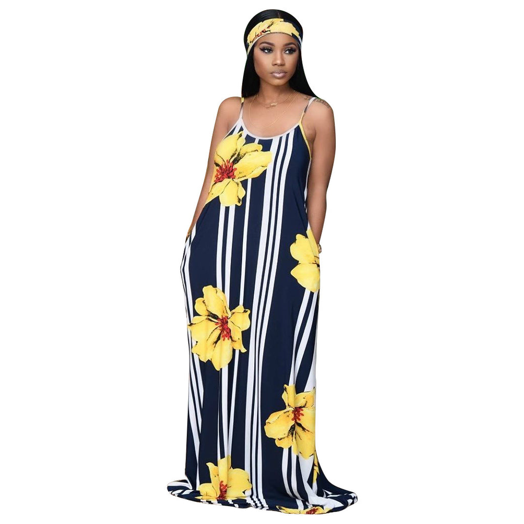 YM-8567 Womens Spaghetti Strap Maxi Dress Plus Size Sleeveless with Pockets and Belt