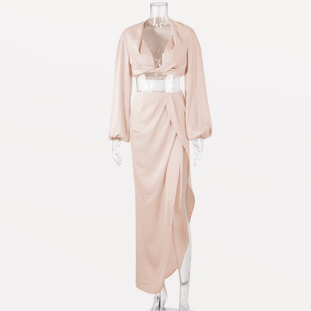 Long Sleeve Deep V Midriff-Baring Top High Slit Skirt Suit Satin Nightclub Sexy Dress