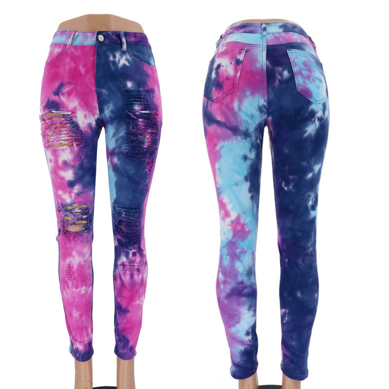 European and American Tie-Dye Printed Ripped Skinny Ankle Tight High Waist Jeans for Women