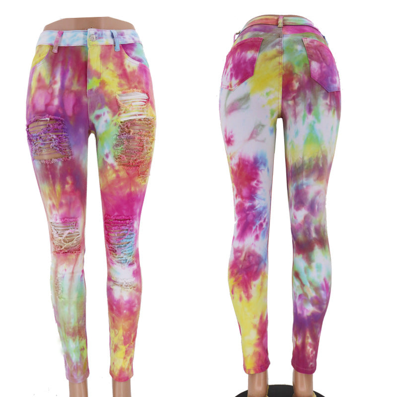 European and American Tie-Dye Printed Ripped Skinny Ankle Tight High Waist Jeans for Women
