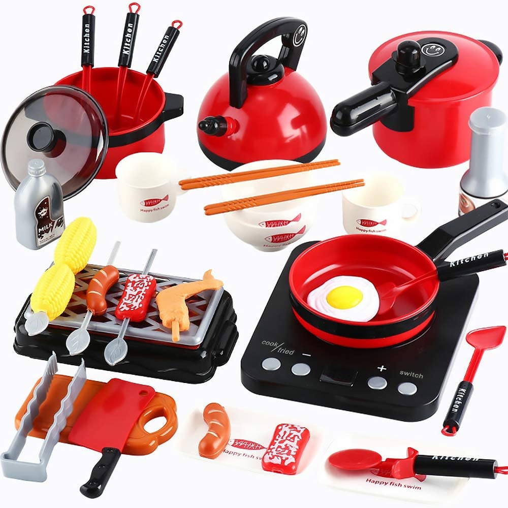 HANMUN 36 Pieces Cooking Pretend Play Toy Kitchen Cookware Playset Including Pots and Pans, Play Food, Cutting Vegetables, Toy Utensils