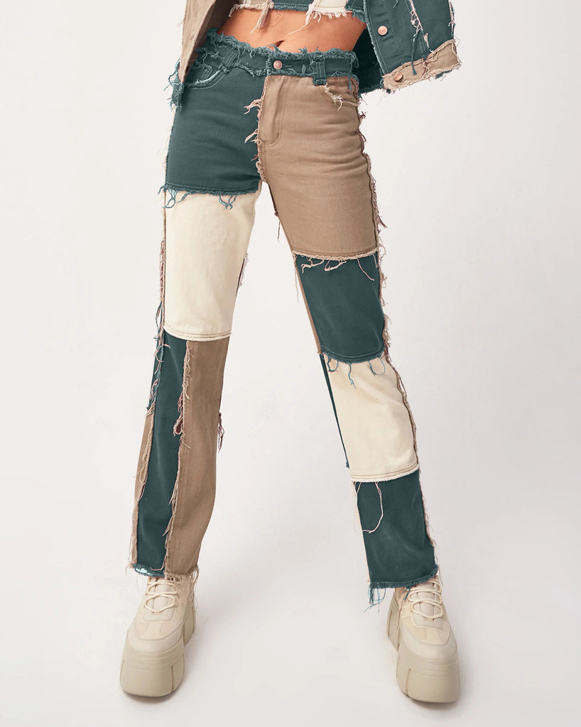 Trendy Mixed Color Stitching High Waist Tight Hip Women's Straight-Leg Denim Trousers