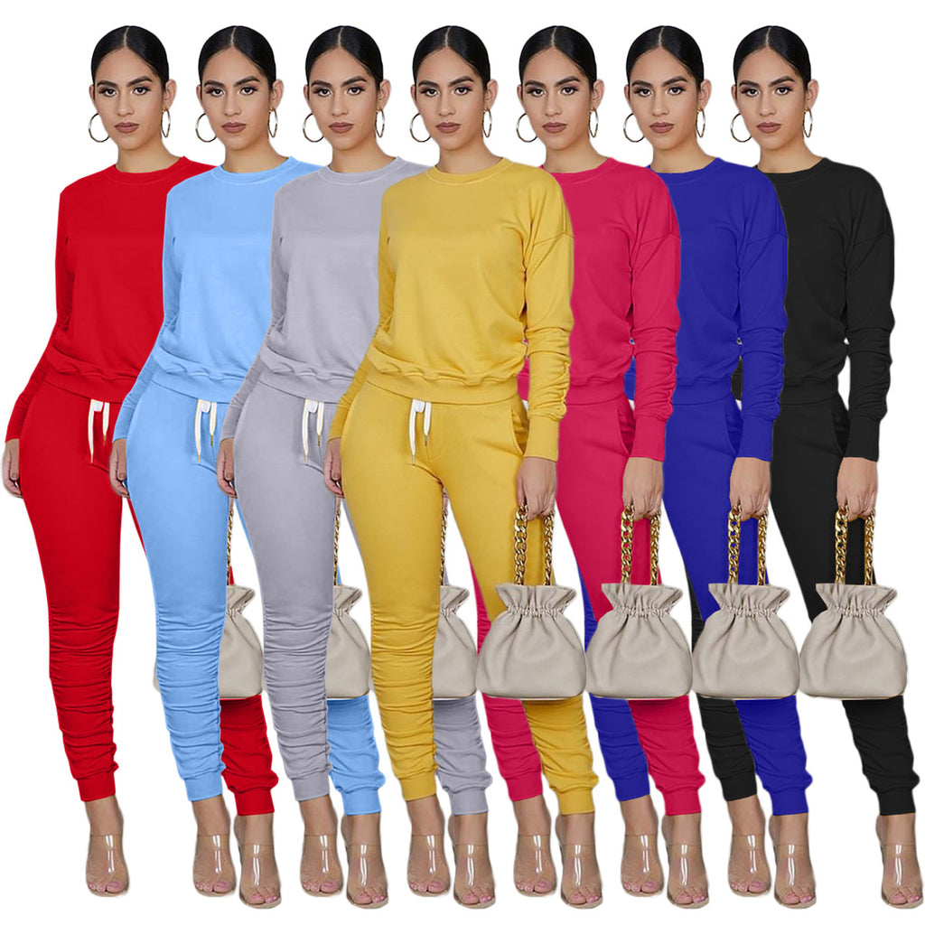 X9255 Solid Color Long-Sleeved T-shirt Pleated Two-Piece Pants Sports Suit