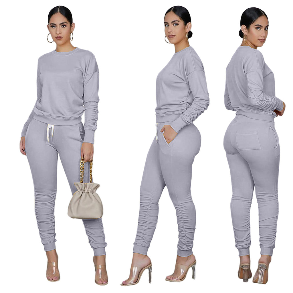 X9255 Solid Color Long-Sleeved T-shirt Pleated Two-Piece Pants Sports Suit