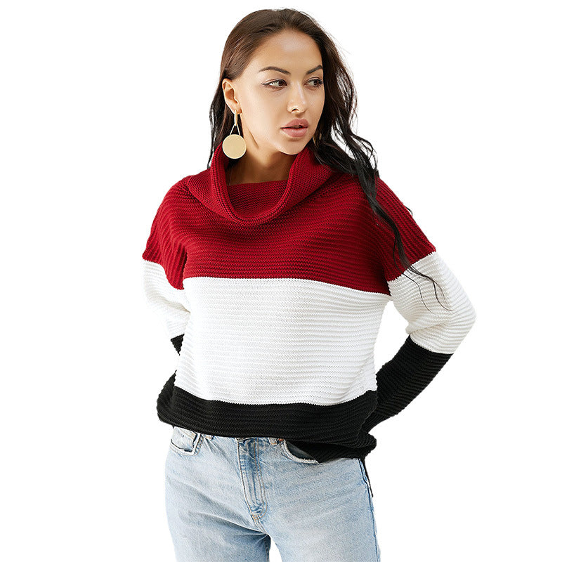 Winter Sweater Women's Color Matching Turtleneck Long Sleeve Pullover New Large Size New Loose Sweater