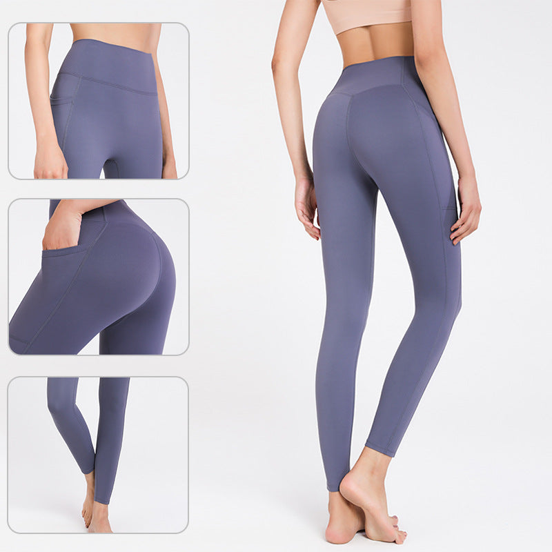 Women's Pocket Fitness Pants Stretch Tight High Waist Hip Raise Yoga Pants Autumn and Winter Quick-Drying Running Exercise Pants