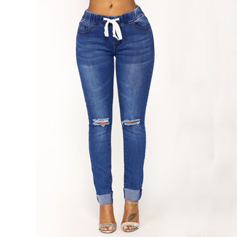 Mid Waist Drawstring Cinched Waist Slim-Fit Slimming Holes Women's Jeans