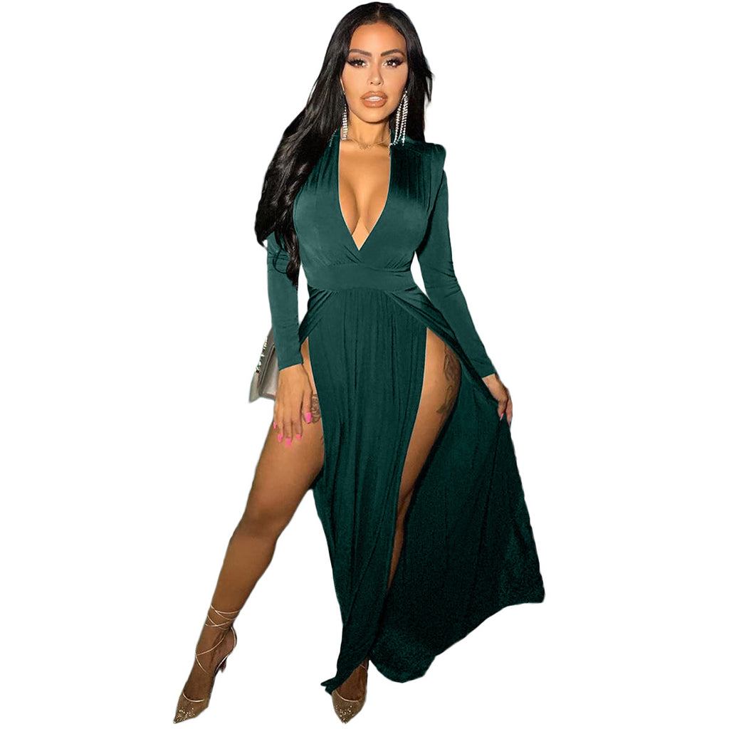 Bestseller Solid Color Long Sleeve V-neck Patchwork Slit Hemline at Hem Dress