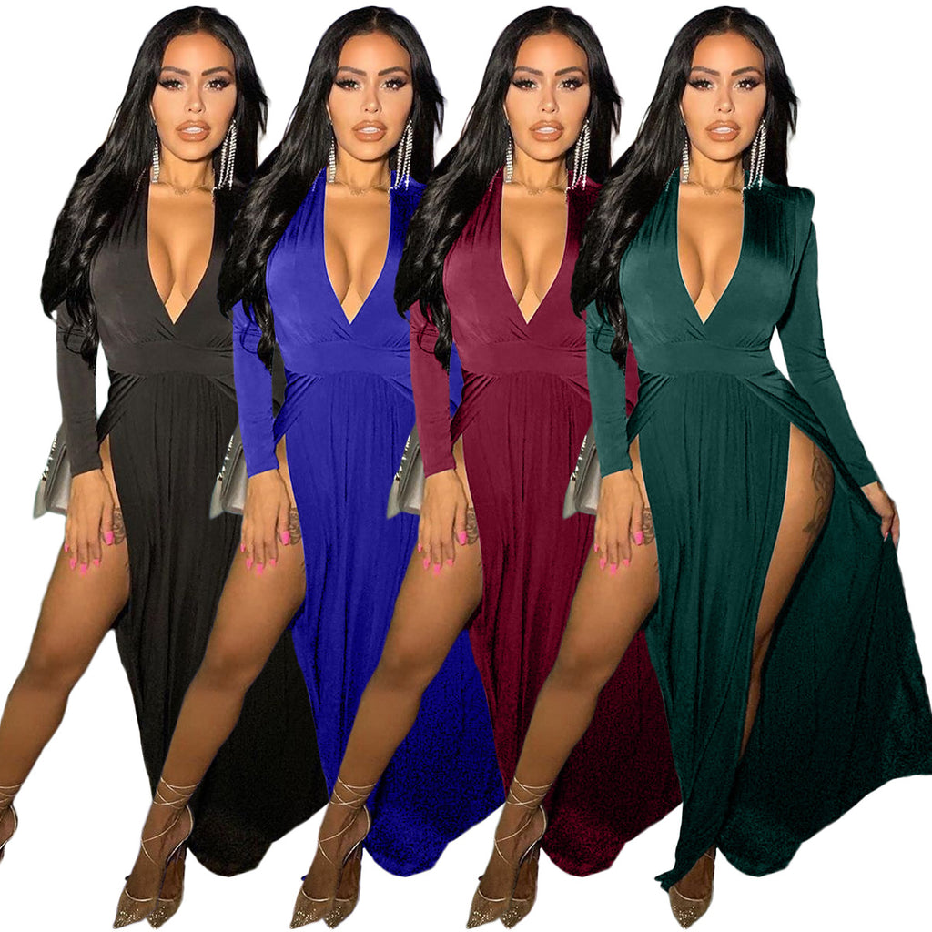 Bestseller Solid Color Long Sleeve V-neck Patchwork Slit Hemline at Hem Dress