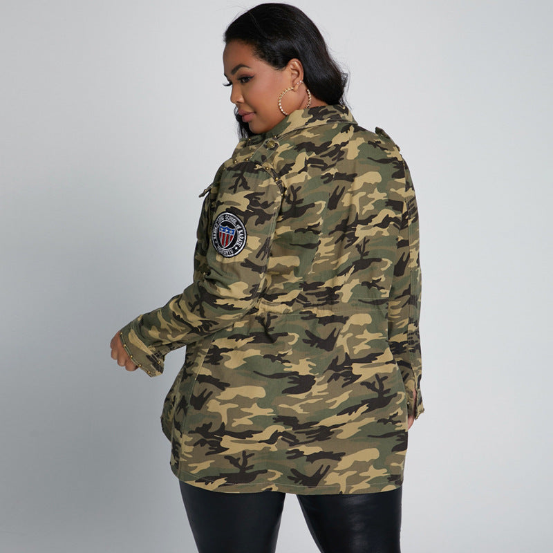 Chapter Rivet Stickers Multi-Bag Drawstring Cool Camouflage Workwear Casual Baseball Uniform Jacket plus Size Women's Coat