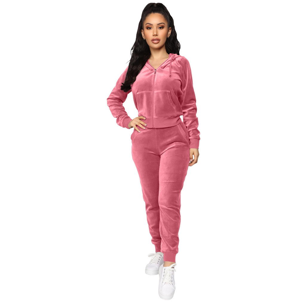 X9204 Velvet Hooded Zipper Sweatshirt Elastic Waist Pants Two-Piece Set