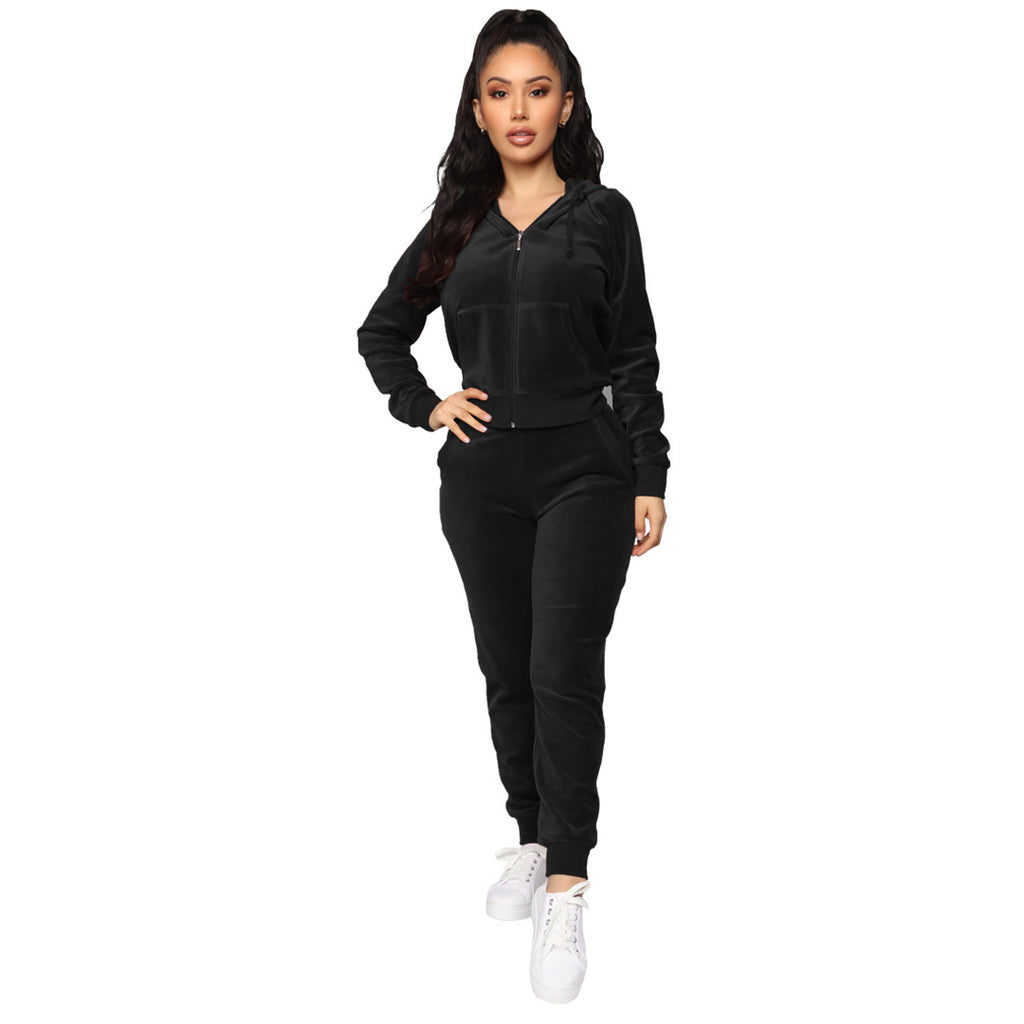 X9204 Velvet Hooded Zipper Sweatshirt Elastic Waist Pants Two-Piece Set