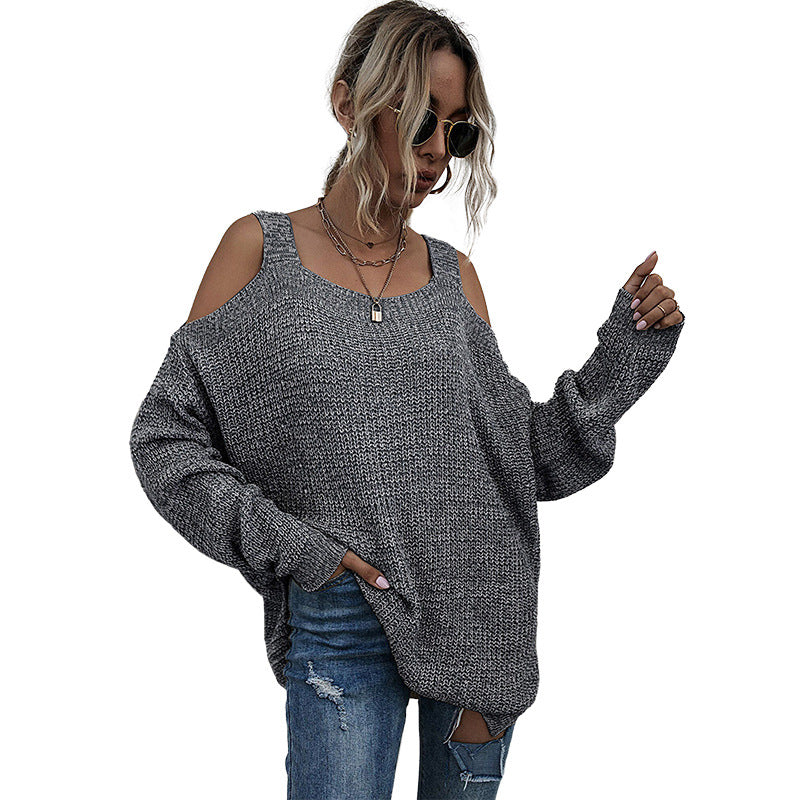Autumn Solid Color Knitted Square Collar Shoulder-Baring Bottoming Sweater Women's Long-Sleeved Women's Clothing