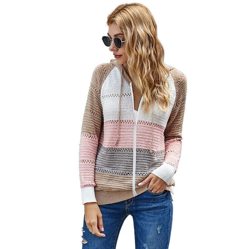 Large Size Women's Clothing Long-Sleeve Cardigan Sweater Ins Striped Ripped Hoodie Knitwear Coat for Women