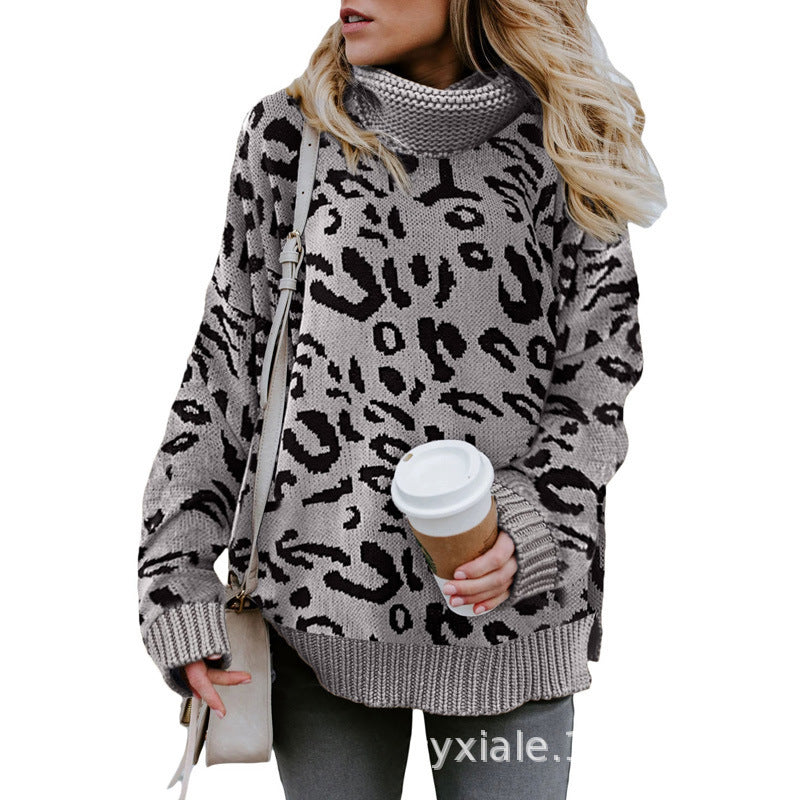 Pullover Sweater Women's Leopard Print Variant Knitted High Collar Loose Sweater Casual Style