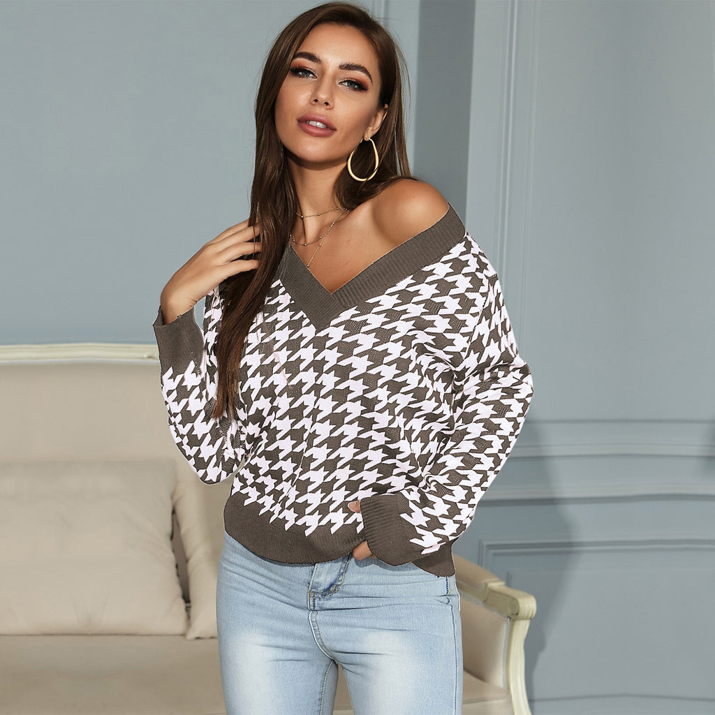 Long Sleeve Houndstooth Jacquard V-neck Bottoming Knitted Sweater Women