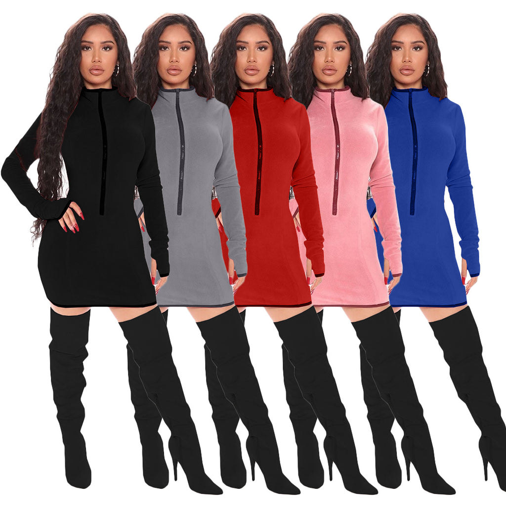 X9285 European and American Women's Clothing Solid Color Long Sleeve Stitching Hip Dress