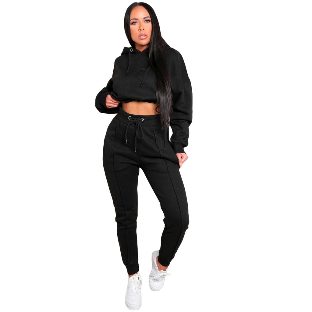 X9289 Solid Color Cropped Navel Hooded Sweatshirt Elastic Waist Pants Cover Tracksuit