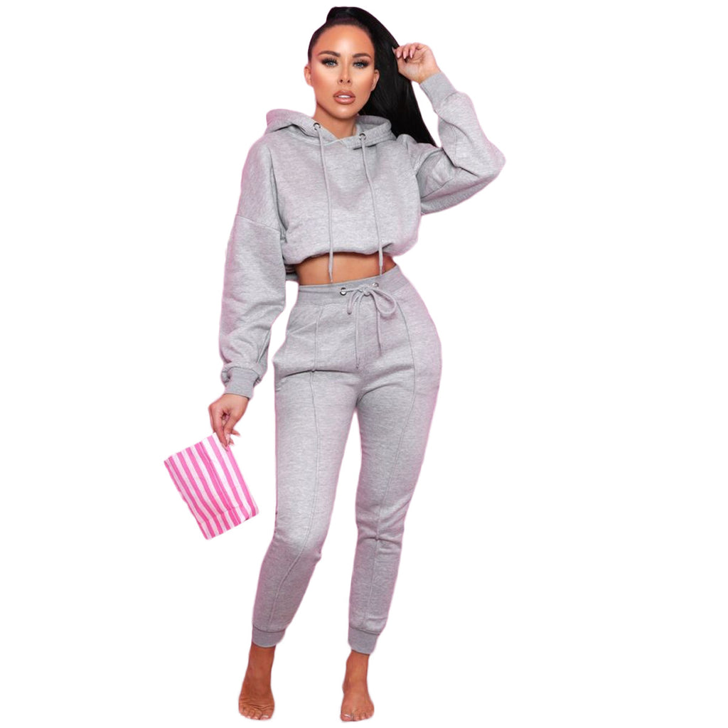 X9289 Solid Color Cropped Navel Hooded Sweatshirt Elastic Waist Pants Cover Tracksuit
