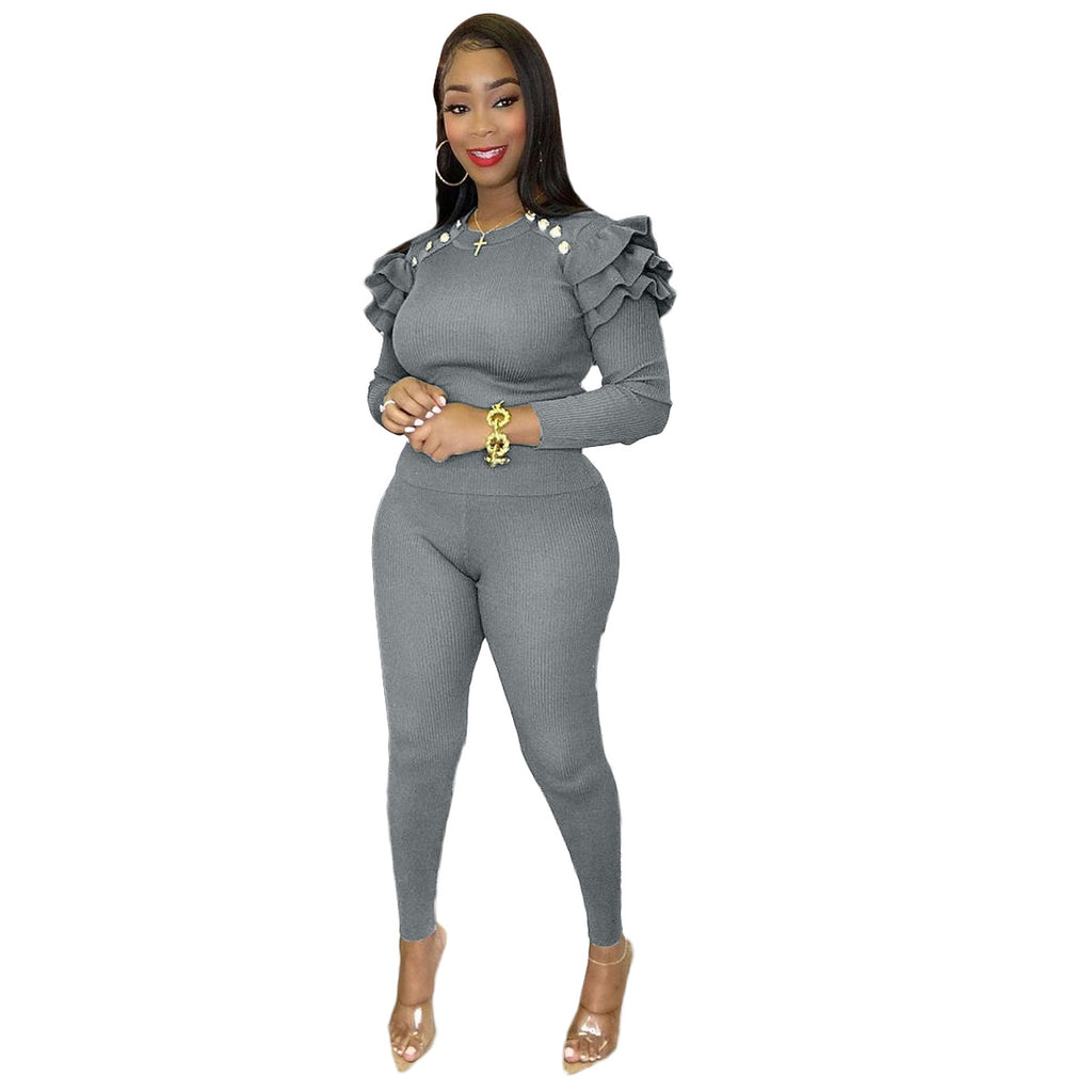 X9290 Ruffled Long-Sleeved T-shirt Tight Two-Piece Pants Casual Suit