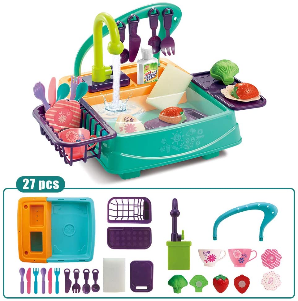 HANMUN 27 Pieces Toy Kitchen Set Play Kitchen Toy Utensils Play Dishes Accessories Plates Dishwasher Playing Toy with Running Water, Play House Pretend Role Play Toys for Boys Girls