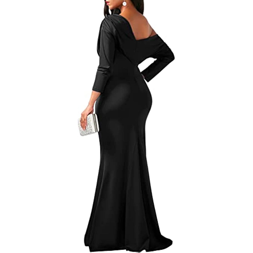 YMDUCH Women's Sexy Elegant Long Sleeve Off Shoulder Tight Long Evening Dress