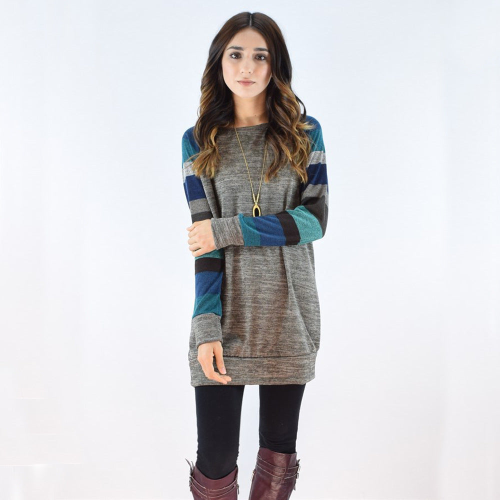 European and American Striped Long Sleeve Multicolor Printing round Neck plus Size Dress