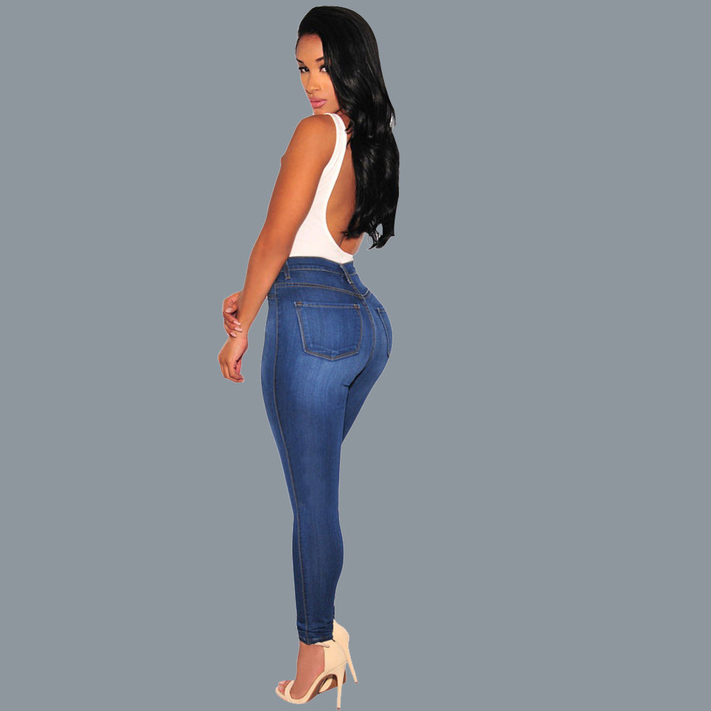 Spring Cross-Border Slim Solid Color Hip Lifting Stretch Slimming and Fashionable Knee Hole Women's Jeans