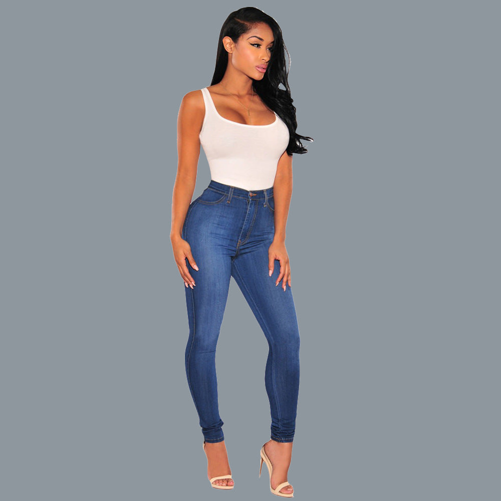 Spring Cross-Border Slim Solid Color Hip Lifting Stretch Slimming and Fashionable Knee Hole Women's Jeans