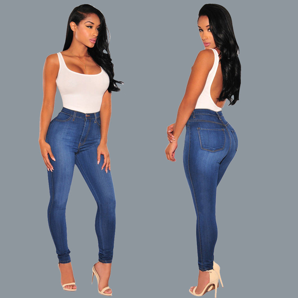 Spring Cross-Border Slim Solid Color Hip Lifting Stretch Slimming and Fashionable Knee Hole Women's Jeans