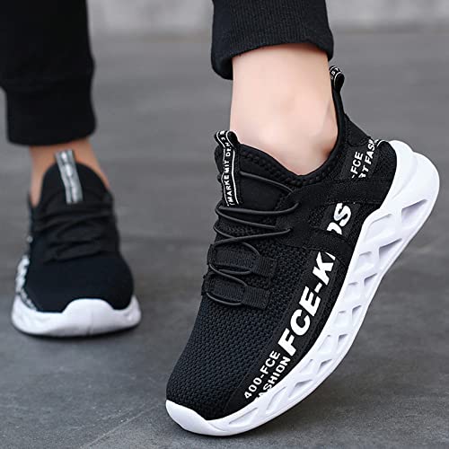 ZHEGAO Boys Girls Trainers Kids Athletic Running Shoes Outdoor Lightweight Sports Walking Shoes Slip on Fashion Sneakers Kids Shoes for Boy Black & White Size 8 UK Child