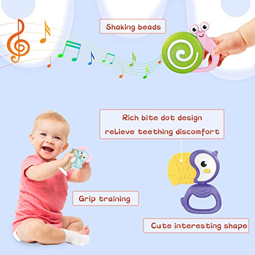 WISHTIME Baby Rattle and Teether Toys - Shower Gifts for Boys and Girls - Early Learning and Developmental Sensory Toy for Infants - Includes Musical Shakers, Teething Toys and High Chair Toy
