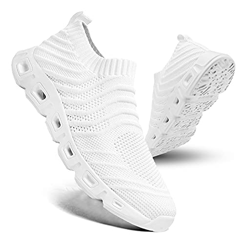 EARSOON Mens Trainers Road Running Shoes Mesh Running Trainers Casual Walking Shoes Slip On Gym Fitness Athletic Sport Shoes All White Size 9