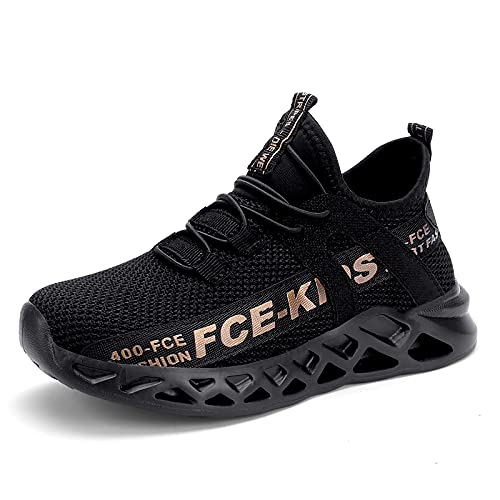 ZHEGAO Kids Trainers Running Trainers Boys School Shoes Mesh Lightweight Casual Walking Shoes Athletic Sport Shoes Tennis Running Shoes Black & Gold Size 8 UK Child