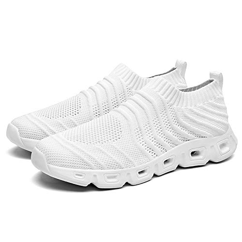 EARSOON Mens Trainers Road Running Shoes Mesh Running Trainers Casual Walking Shoes Slip On Gym Fitness Athletic Sport Shoes All White Size 9