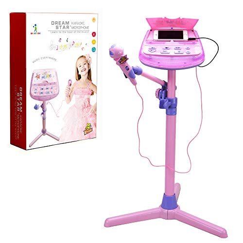 Kids Karaoke Microphone Musical Toys - ZM16038 Kids Pink Karaoke Adjustable Stand With External Music Function & Flashing Lights Toy for Kids Children Girls