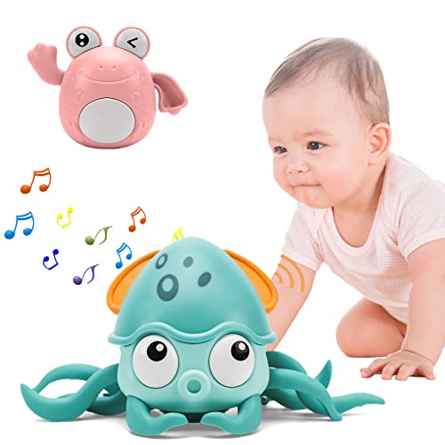 QC21004-GREEN Growinlove Baby Crawling Toy Musical Octopus Toy, Toddler Interactive Crawling Octopus Toy with Music, LED Light Up and Automatically Avoid Obstacle, Moving Toy for Toddler Babies Boys Girls