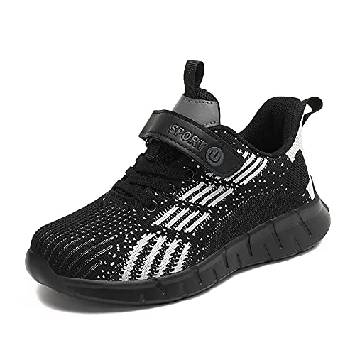 ZHEGAO Kids Trainers Running Trainers Boys School Shoes Mesh Lightweight Casual Walking Shoes Athletic Sport Shoes Tennis Running Shoes Black & White Size 10 UK Child