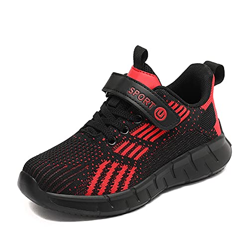 ZHEGAO Kids Trainers Running Shoes Tennis Shoes Boys School Shoes Mesh Lightweight Casual Walking Shoes Athletic Sport Shoes Black & Red Size 10 UK Child