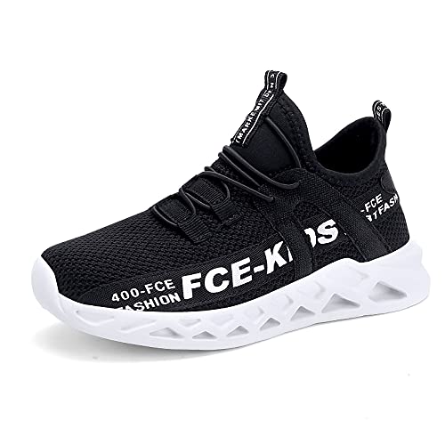ZHEGAO Boys Girls Trainers Kids Athletic Running Shoes Outdoor Lightweight Sports Walking Shoes Slip on Fashion Sneakers Kids Shoes for Boy Black & White Size 8 UK Child