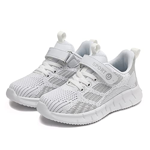 BB21002-GreyWhite Boys Girls Trainers Kids Athletic Running Shoes Outdoor Lightweight Sports Walking Shoes Slip on Fashion Sneakers Kids Shoes for Boy Grey & White Size 10 UK Child