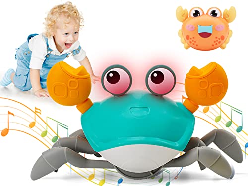 QC21001-Green Growinlove Baby Crawling Crab Musical Toy, Toddler Electronic Light Up Crawling Toy with Automatically Avoid Obstacle, Walking Crab Toy for Toddler Babies Boys Girls