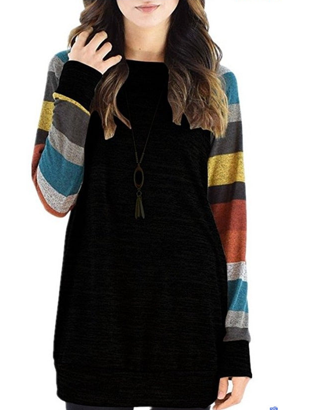 European and American Striped Long Sleeve Multicolor Printing round Neck plus Size Dress