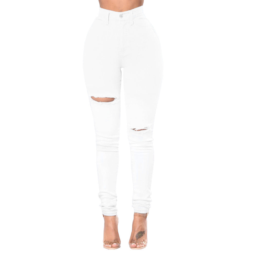 White High-Waist Ripped Jeans plus Size Women's Pants