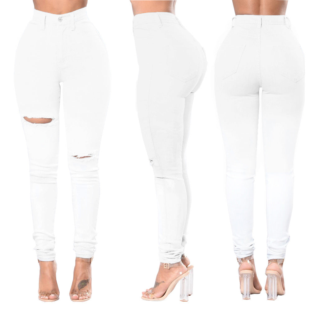 White High-Waist Ripped Jeans plus Size Women's Pants